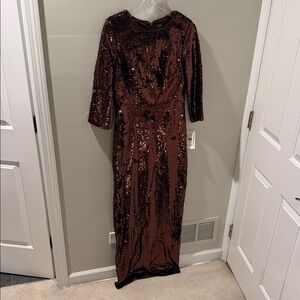Aidan Mattox Sequin Long Sleeve Dress in Deep Brown